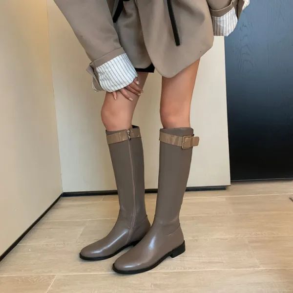 Moda Czarne Zużycie ulicy Zima Kozaki Damskie 2022 Skórzany Okrągłe Toe Płaskie Boots