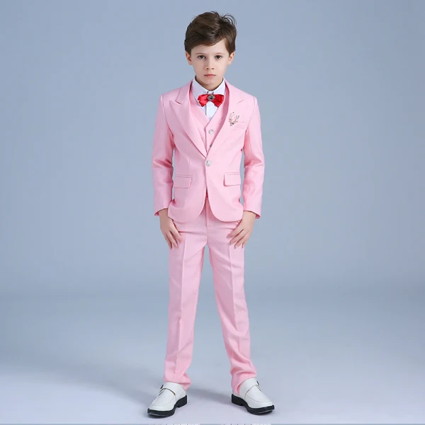 Candy Pink Long Sleeve Wedding Boys Wedding Suits 2022 Coat Pants Shirt Tie Vest