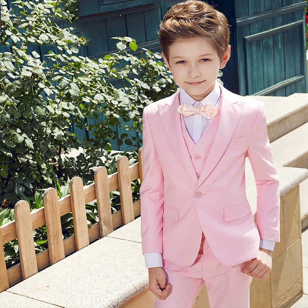 Fashion Candy Pink Bow Long Sleeve Boys Wedding Suits 2022 Coat Pants Shirt Tie Vest