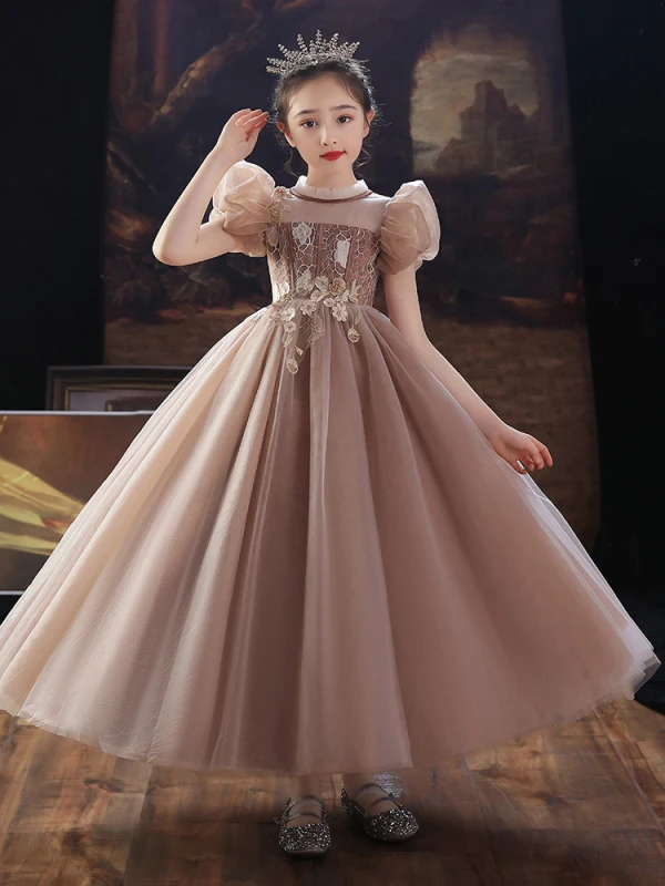 Chic / Beautiful Khaki Beading Pearl Lace Flower Flower Girl Dresses 2022 Ball Gown Birthday Scoop Neck Puffy Short Sleeve Floor-Length / Long Flower Girl Dresses