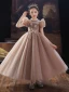 Chic / Beautiful Khaki Beading Pearl Lace Flower Flower Girl Dresses 2022 Ball Gown Birthday Scoop Neck Puffy Short Sleeve Floor-Length / Long Flower Girl Dresses