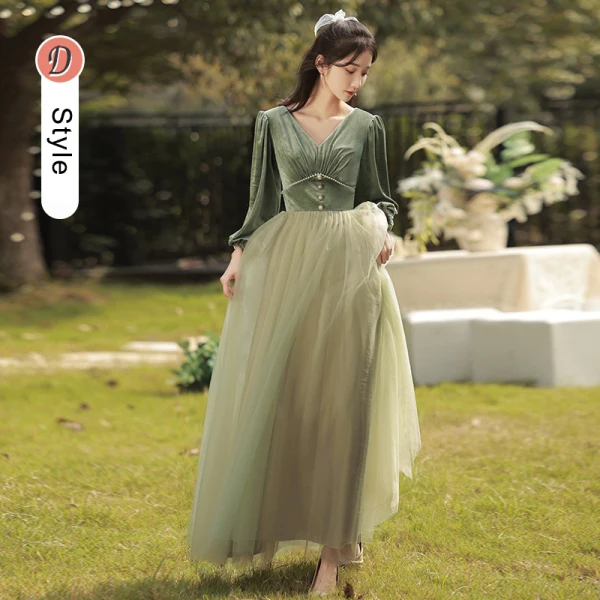 Modest / Simple Olive Green Velour Bridesmaid Dresses 2022 Bridesmaid A-Line / Princess Square Neckline 3/4 Sleeve Backless Floor-Length / Long Wedding Party Dresses