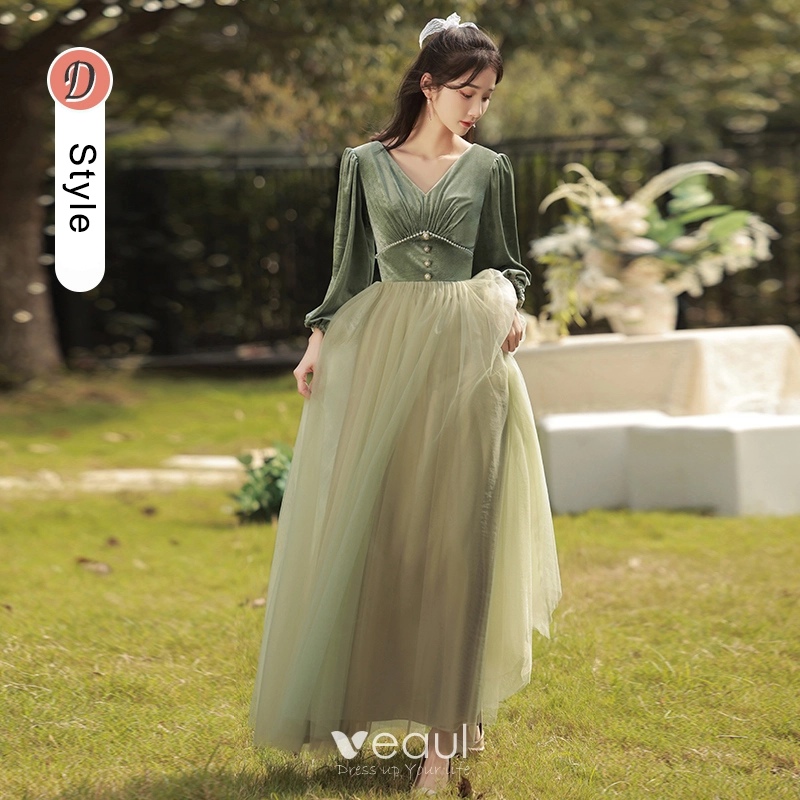Modest Simple Olive Green Velour Bridesmaid Dresses 2022 Bridesmaid A Line Princess Square Neckline 3 4