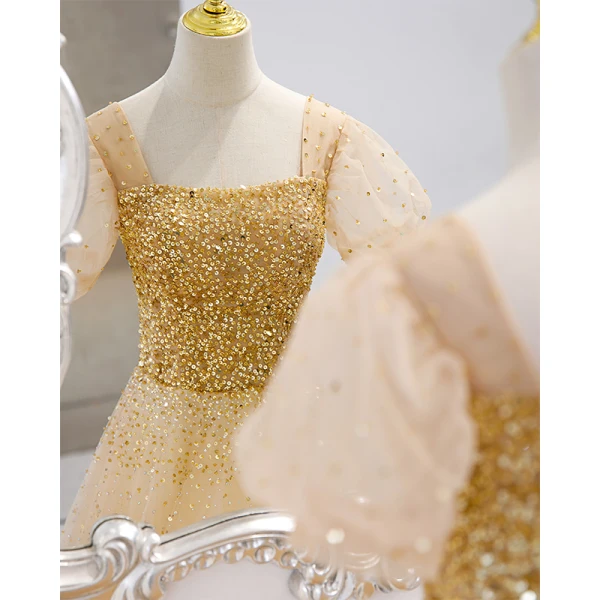 Charming Gold Prom Dresses 2022 A-Line / Princess Square Neckline Beading Sequins Puffy Short Sleeve Backless Floor-Length / Long Formal Dresses
