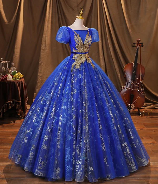 Vintage / Retro Royal Blue Beading Glitter Sequins Prom Dresses 2022 Ball Gown Square Neckline Puffy Short Sleeve Backless Floor-Length / Long Formal Dresses
