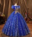 Vintage / Retro Royal Blue Beading Glitter Sequins Prom Dresses 2022 Ball Gown Square Neckline Puffy Short Sleeve Backless Floor-Length / Long Formal Dresses