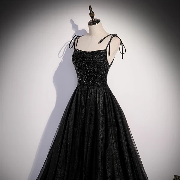 Chic / Beautiful Black Prom Dresses 2022 A-Line / Princess Spaghetti Straps Beading Sleeveless Backless Floor-Length / Long Formal Dresses