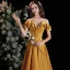 Elegant Yellow Satin Prom Dresses 2022 A-Line / Princess Ruffle Off-The-Shoulder Short Sleeve Backless Floor-Length / Long Formal Dresses