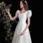 Vintage / Retro Ivory Satin Solid Color Prom Dresses 2022 A-Line / Princess Square Neckline Puffy Short Sleeve Backless Floor-Length / Long Formal Dresses