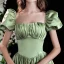 Elegant Sage Green Solid Color Satin Prom Dresses 2022 A-Line / Princess Square Neckline Puffy Short Sleeve Backless Floor-Length / Long Formal Dresses