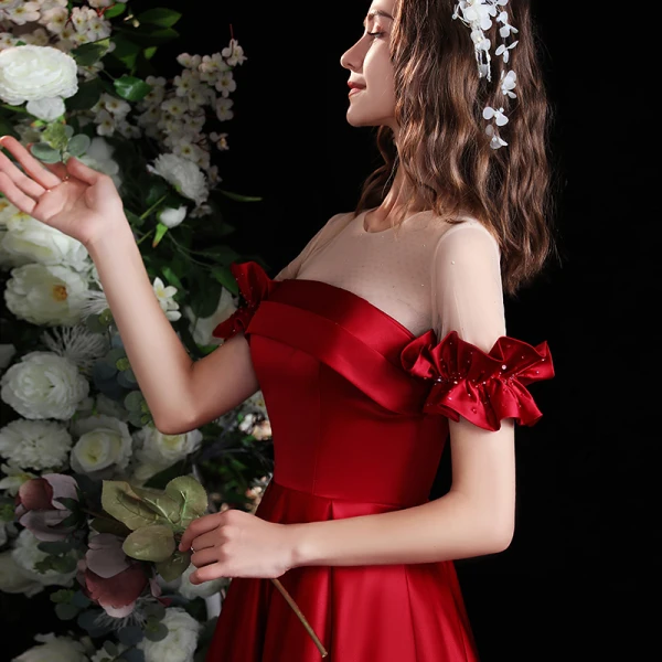 Elegant Burgundy Satin Prom Dresses 2022 A-Line / Princess Scoop Neck Short Sleeve Backless Floor-Length / Long Formal Dresses