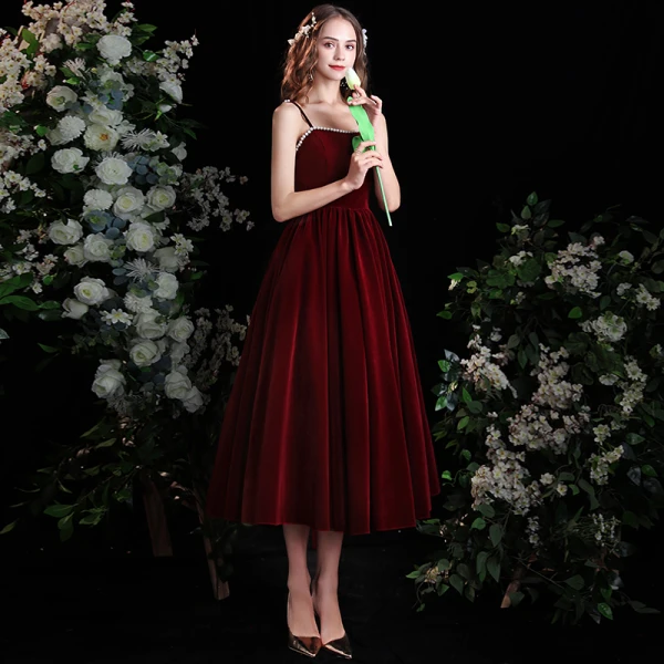 Chic / Beautiful Burgundy Suede Homecoming Graduation Dresses Prom Dresses 2022 A-Line / Princess Spaghetti Straps Pearl Sleeveless Backless Tea-length Formal Dresses