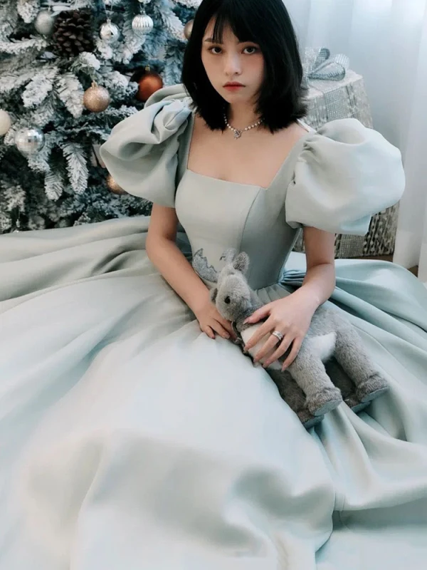 Chic / Beautiful Mint Green Prom Dresses 2022 A-Line / Princess Square Neckline Puffy Short Sleeve Backless Floor-Length / Long Formal Dresses