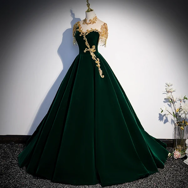 Chinese style Dark Green Suede Prom Dresses 2022 High Neck Beading Sequins Short Sleeve Rhinestone Tassel Floor-Length / Long Formal Dresses