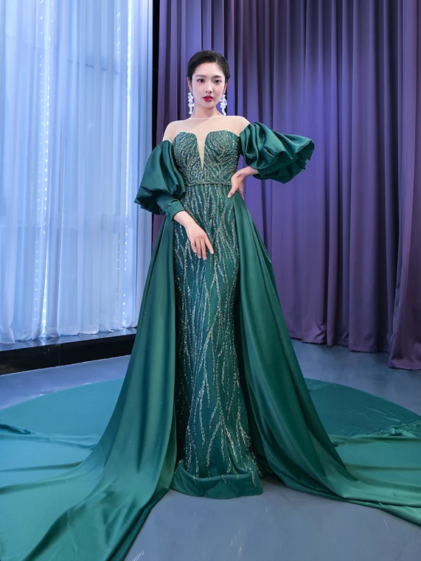 Vintage / Retro High Low Dark Green Beading Sequins Satin Prom Dresses 2022 Trumpet / Mermaid Scoop Neck Puffy 3/4 Sleeve Floor-Length / Long Formal Dresses