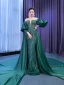Vintage / Retro High Low Dark Green Beading Sequins Satin Prom Dresses 2022 Trumpet / Mermaid Scoop Neck Puffy 3/4 Sleeve Floor-Length / Long Formal Dresses