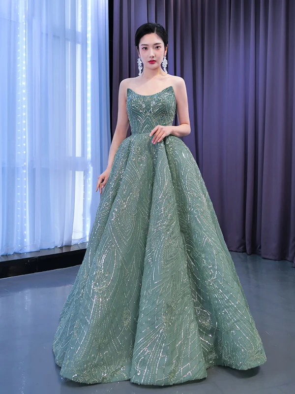 Haut de Gamme Vert Citron Robe De Bal 2022 Princesse Bustier Perlage Paillettes Sans Manches Dos Nu Longue Robe De Ceremonie