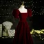 Vintage / Retro Burgundy Suede Prom Dresses 2021 A-Line / Princess Square Neckline Puffy Short Sleeve Backless Floor-Length / Long Formal Dresses