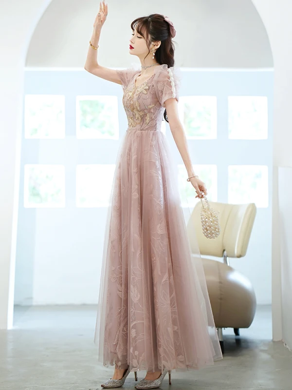 Chic / Beautiful Blushing Pink Prom Dresses 2022 A-Line / Princess V-Neck Pearl Beading Lace Flower Short Sleeve Backless Floor-Length / Long Formal Dresses