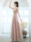 Chic / Beautiful Blushing Pink Prom Dresses 2022 A-Line / Princess V-Neck Pearl Beading Lace Flower Short Sleeve Backless Floor-Length / Long Formal Dresses