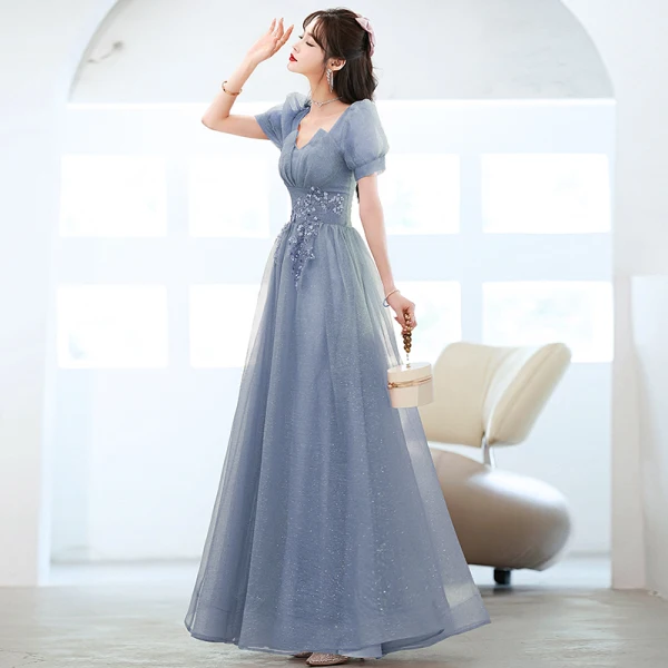 Chic / Beautiful Sky Blue Glitter Prom Dresses 2022 A-Line / Princess V-Neck Beading Sequins Short Sleeve Backless Floor-Length / Long Formal Dresses
