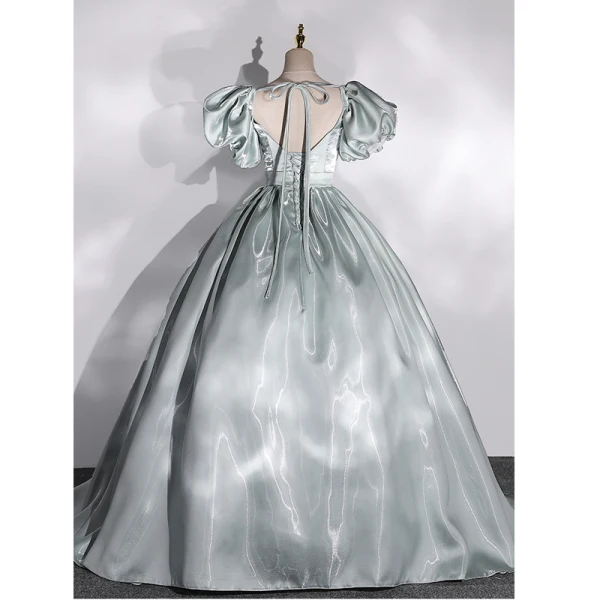 Classy Sage Green Satin Prom Dresses 2022 Ball Gown Square Neckline Puffy Short Sleeve Backless Bow Floor-Length / Long Formal Dresses