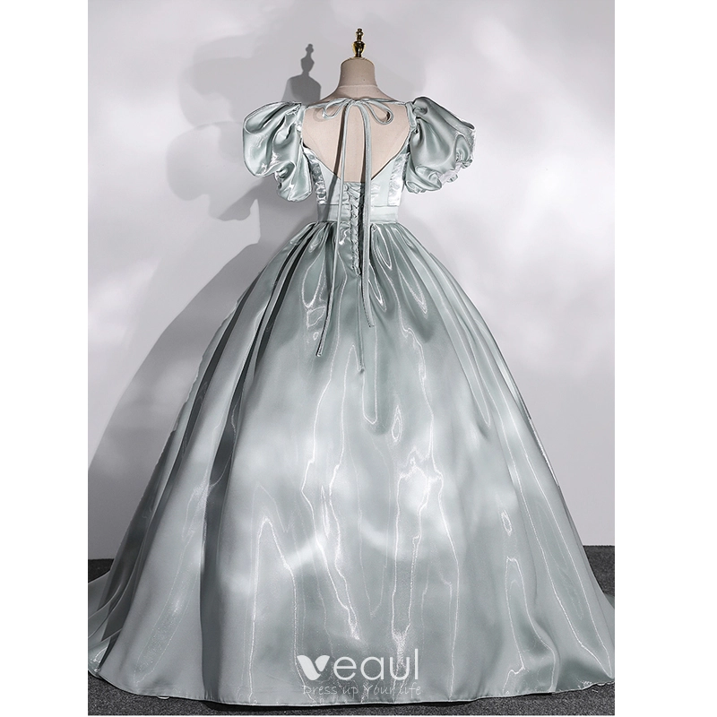 Classy Sage Green Satin Prom Dresses 2022 Ball Gown Square Neckline Puffy  Short Sleeve Backless Bow Floor-Length / Long Formal Dresses