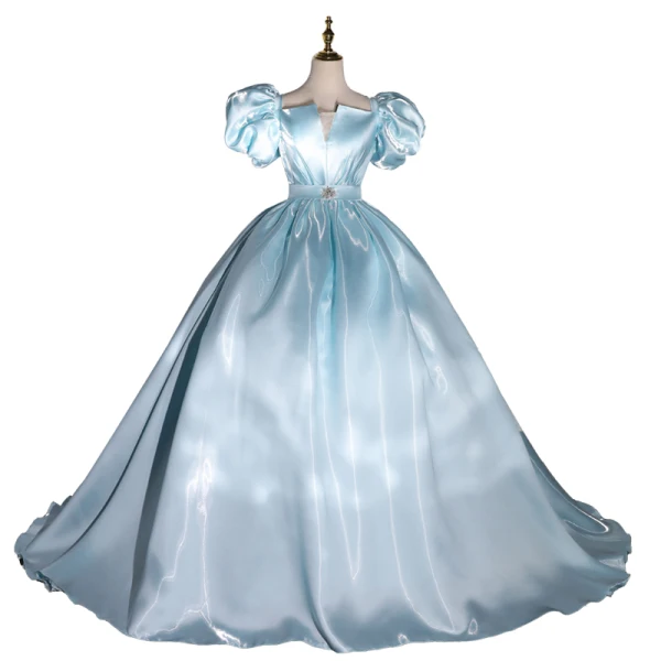 Élégant Bleu Ciel Satin Robe De Bal 2022 Robe Boule Gonflée Encolure Carrée Faux Diamant Ceinture Manches Courtes Dos Nu Longue Robe De Ceremonie