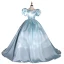 Élégant Bleu Ciel Satin Robe De Bal 2022 Robe Boule Gonflée Encolure Carrée Faux Diamant Ceinture Manches Courtes Dos Nu Longue Robe De Ceremonie