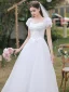 Chic / Beautiful White Lace Flower Wedding Dresses 2022 A-Line / Princess Square Neckline Short Sleeve Backless Floor-Length / Long Wedding