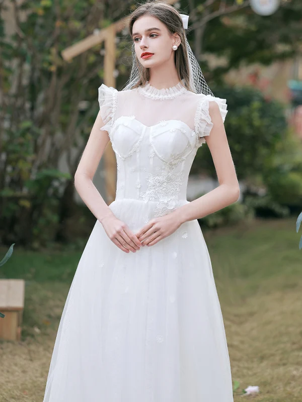 Chic / Beautiful White Lace Flower Wedding Dresses 2022 A-Line / Princess Scoop Neck Sleeveless Floor-Length / Long Wedding