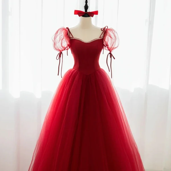 Chic / Beautiful Burgundy Prom Dresses 2022 A-Line / Princess Square Neckline Rhinestone Puffy Short Sleeve Backless Floor-Length / Long Formal Dresses