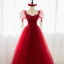 Chic / Beautiful Burgundy Prom Dresses 2022 A-Line / Princess Square Neckline Rhinestone Puffy Short Sleeve Backless Floor-Length / Long Formal Dresses