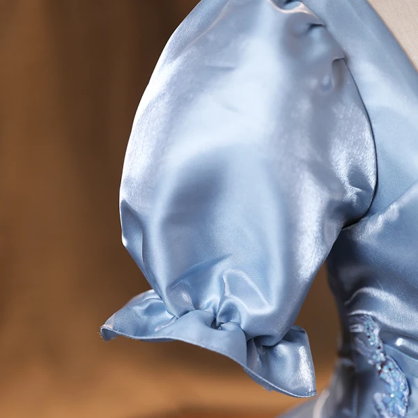 Vintage / Retro Sky Blue Satin Prom Dresses 2022 Ball Gown Square Neckline Puffy Short Sleeve Backless Floor-Length / Long Formal Dresses