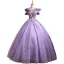 Chic / Belle Lilas En Dentelle Fleur Robe De Bal 2022 Robe Boule Volants De l'épaule Perlage Faux Diamant Paillettes Perle Manches Courtes Dos Nu Thé Longueur Robe De Ceremonie