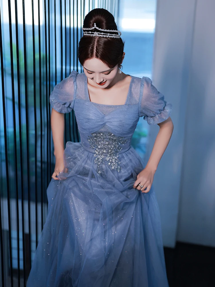 Charming Pool Blue Glitter Prom Dresses 2022 A-Line Princess Square Neckline Rhinestone