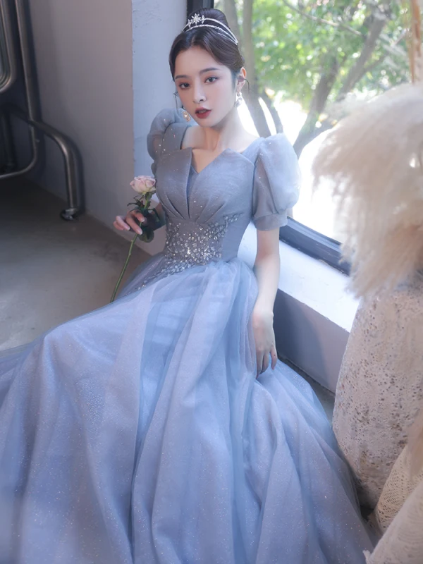 Chic / Belle Bleu Ciel Glitter Robe De Bal 2022 Princesse Encolure Carrée Paillettes Gonflée Manches Courtes Dos Nu Longue Robe De Ceremonie