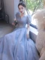 Chic / Belle Bleu Ciel Glitter Robe De Bal 2022 Princesse Encolure Carrée Paillettes Gonflée Manches Courtes Dos Nu Longue Robe De Ceremonie