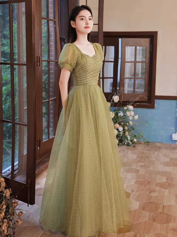 Chic / Belle Vert Trèfle Robe De Bal 2022 Princesse Encolure Carrée Perlage Paillettes Manches Courtes Dos Nu Longue Robe De Ceremonie