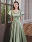 Elegante Salbeigrün Satin Ballkleider 2021 A Linie V-Ausschnitt Geschwollenes Kurze Ärmel Lange Festliche Kleider