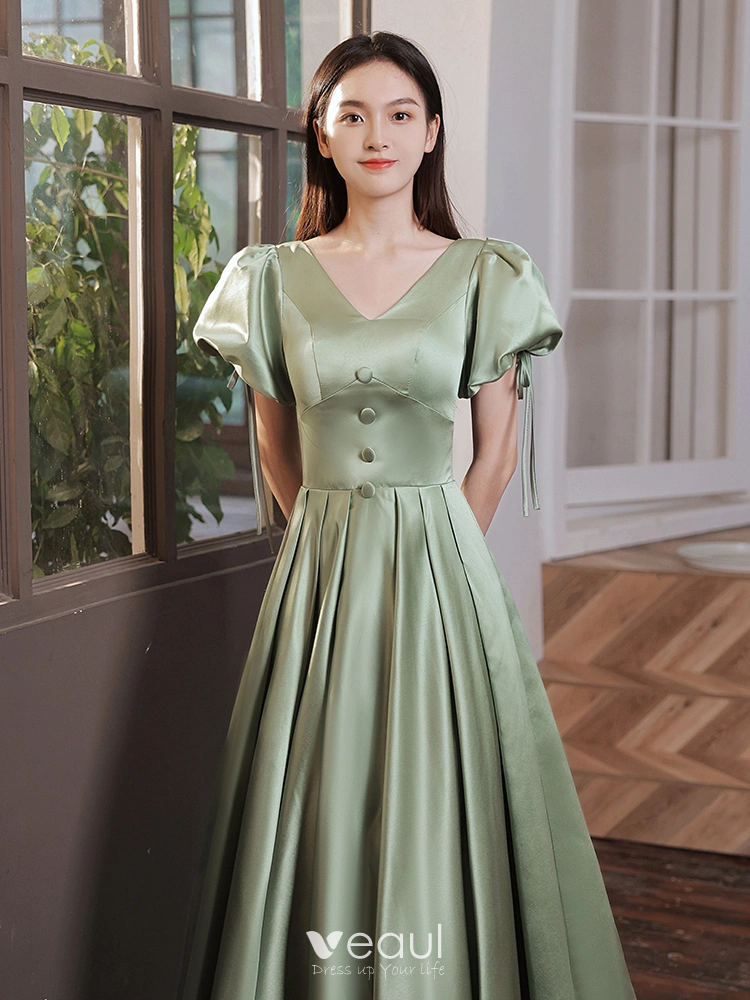 Elegant Sage Green Satin Prom Dresses 2021 A-Line Princess V-Neck Puffy Short Sleeve Elegant Sage Green Satin Prom Dresses 2021 A-Line Princess V-Neck Puffy Short Sleeve