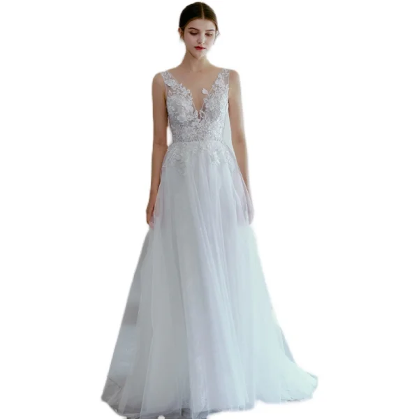 Light White Beading Lace Flower Beach Wedding Dresses 2022 A-Line / Princess V-Neck Sleeveless Backless Floor-Length / Long Wedding
