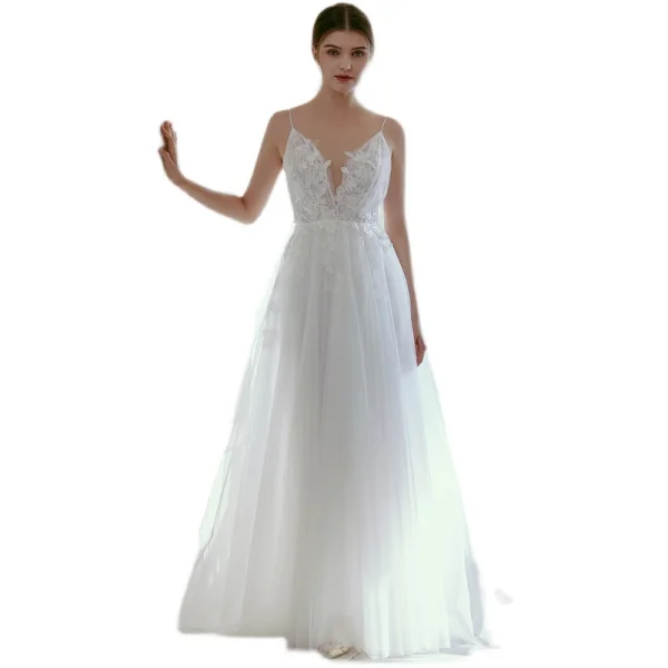 Légère Blanche En Dentelle Fleur Plage Robe De Mariée 2022 Princesse Bretelles Spaghetti Sans Manches Dos Nu Longue Mariage