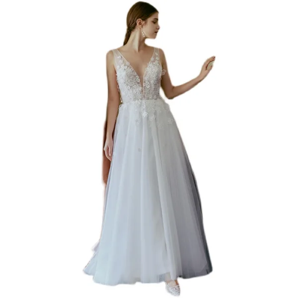 Leichtes Weiß Perlenstickerei Spitze Blumen Strand Brautkleider / Hochzeitskleider 2022 A Linie V-Ausschnitt Ärmellos Rückenfreies Lange