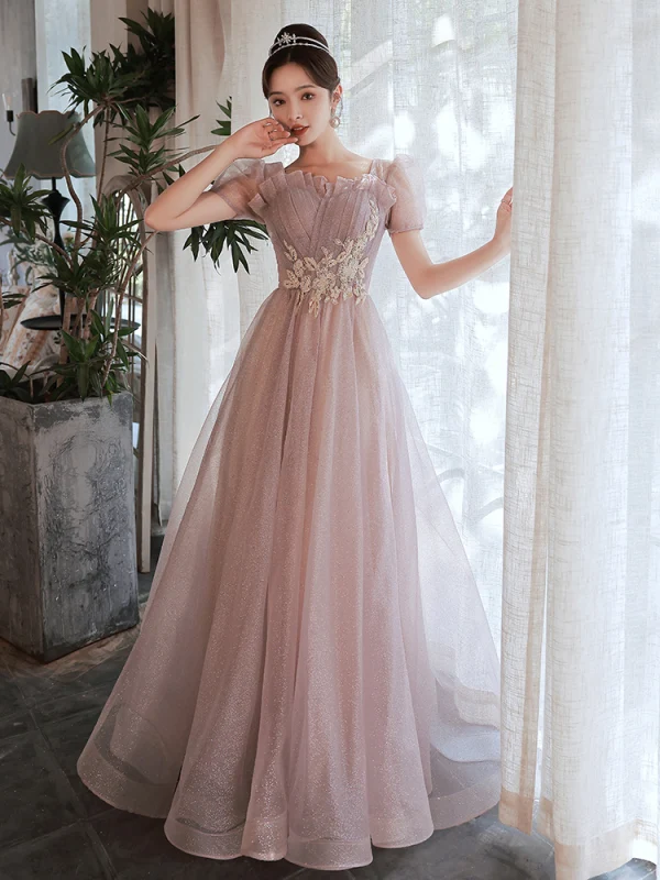 Scintillantes Rougissant Rose Robe De Bal 2022 Princesse Encolure Carrée Perlage Paillettes En Dentelle Fleur Manches Courtes Dos Nu Longue Robe De Ceremonie