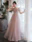 Scintillantes Rougissant Rose Robe De Bal 2022 Princesse Encolure Carrée Perlage Paillettes En Dentelle Fleur Manches Courtes Dos Nu Longue Robe De Ceremonie