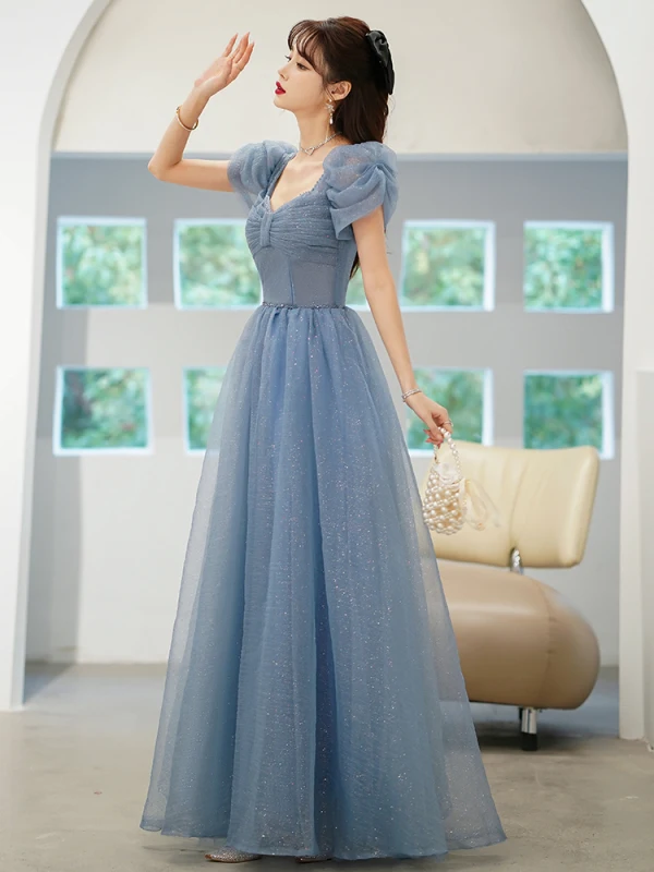 Chic / Beautiful Sky Blue Glitter Sequins Prom Dresses 2022 A-Line / Princess Square Neckline Rhinestone Puffy Short Sleeve Backless Floor-Length / Long Formal Dresses