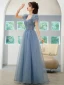 Chic / Beautiful Sky Blue Glitter Sequins Prom Dresses 2022 A-Line / Princess Square Neckline Rhinestone Puffy Short Sleeve Backless Floor-Length / Long Formal Dresses