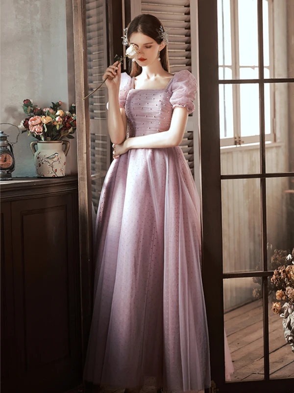 Chic / Beautiful Blushing Pink Pearl Prom Dresses 2022 A-Line / Princess Square Neckline Short Sleeve Backless Floor-Length / Long Formal Dresses