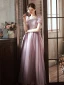 Chic / Beautiful Blushing Pink Pearl Prom Dresses 2022 A-Line / Princess Square Neckline Short Sleeve Backless Floor-Length / Long Formal Dresses
